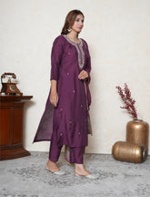 Purple embroidered Kurta with pants and  Dupatta set